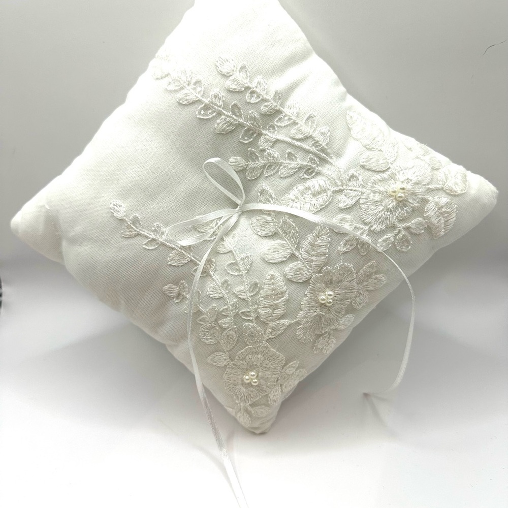Embroidered White Linen Ring Bearer Pillow with Ribbon